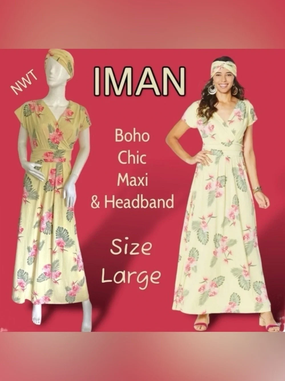 IMAN Boho Chic Tropical Floral Maxi Dress Size Large